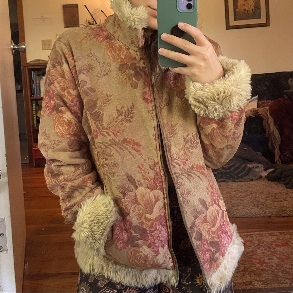 Vintage Athleta Floral Print Suede-Like Faux Fur Trim Coat
